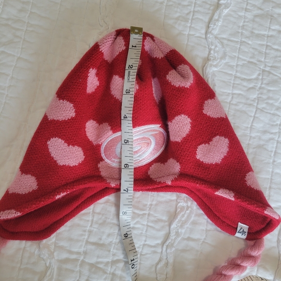 '47 Official NHL Carolina Hurricanes Knit Hat Kids Red With Pink Hearts & Braids - Picture 12 of 14